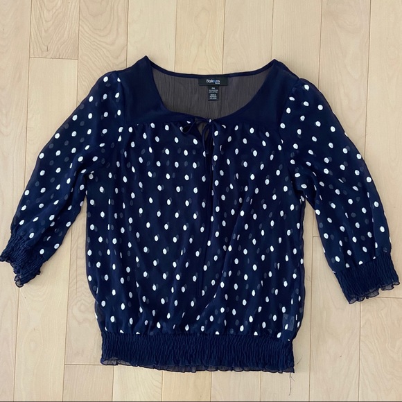 Style & Co. Tops - Style & Co Navy Polka Dot Sheer Shirt